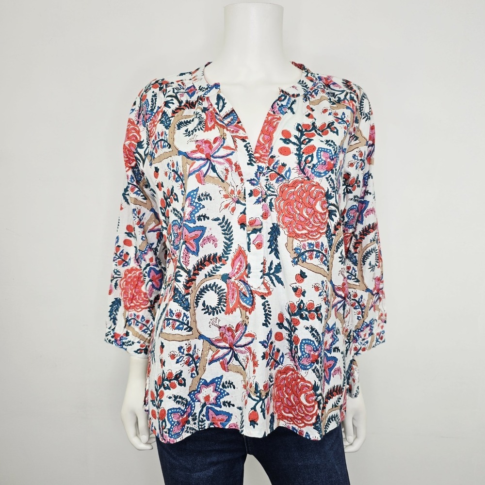Soft Surroundings Blouse Top Bloom Floral Botanical Sunset 3/4 Slv Size M NWT